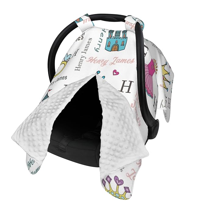 Personalized Car Seat Covers for Babies Custom Name Car Seat Canopy for Newborn Baby Boys Girls 2 in 1 Mom Nursing Breastfeeding Covers Princess Minky Baby Carrier Covers with Peekaboo Opening