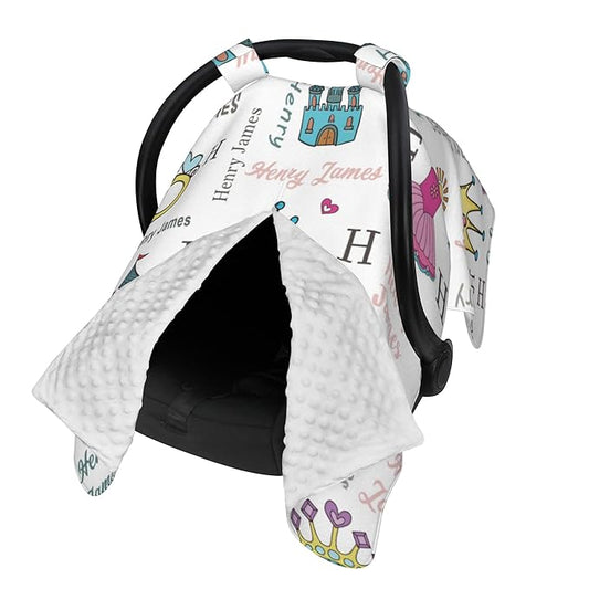 Personalized Car Seat Covers for Babies Custom Name Car Seat Canopy for Newborn Baby Boys Girls 2 in 1 Mom Nursing Breastfeeding Covers Princess Minky Baby Carrier Covers with Peekaboo Opening