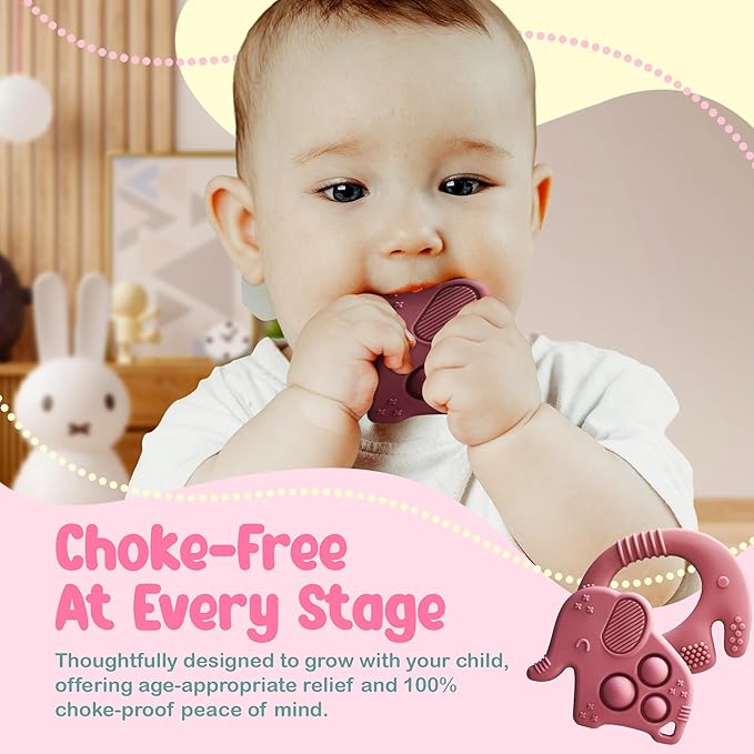 Silicone Baby Teething Toys, Soft Teether Set for Sore Gums, BPA Free Chew Toys for Infants 3+ Months, Textured Teething Relief, Easy Grip Design (Rose Pink)