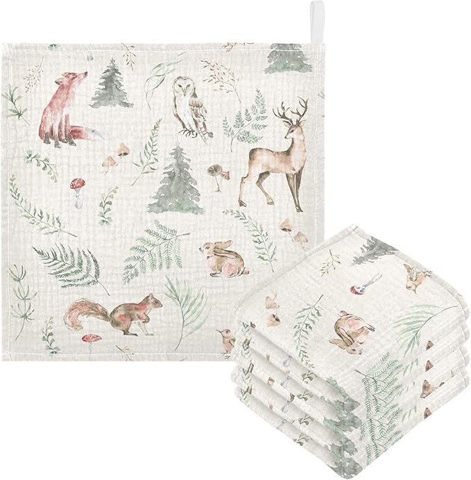 vvfelixl Baby Muslin Washcloths Watercolor Forest Animals Baby Burp Cloths Cotton Baby Face Towel for Newborn Infants Boys Girls Soft and Absorbent 11.8 X 11.8 in, 3 Pack