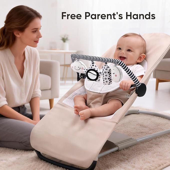TinlyFinly Baby Bouncer Toy Bar Soft with 4 Hanging Sensory Toys Attachment, Compatible with Baby Bjorn Bouncer, with Mirror, Rattle, Crinkle Sound for Babies All Ages (Black and White Shapes)