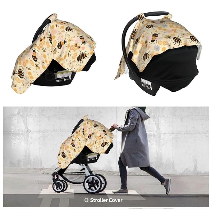 Sweet Honey Cute Bees Baby Car Seat Canopy Nursing for Breastfeeding Multi-Use Infant Stretchy Carrier Carseat Winter Cover for Newborn Girls Boys