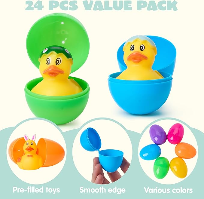 JOYIN 24 Pcs Prefilled Easter Eggs with Rubber Ducks, Variety Duckies for Easter Egg Hunt, Kids Basket Stuffer, Bath Toy Party Favors, Classroom Prize Supplies