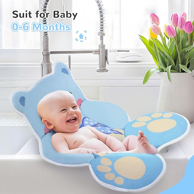 Original Bear Baby Bath Pad - Machine Washable Bear Seat Cushion for Infants 0-6 Months+, Anti-Slip Tub & Sink Pad, BPA-Free Blue Bath Essential