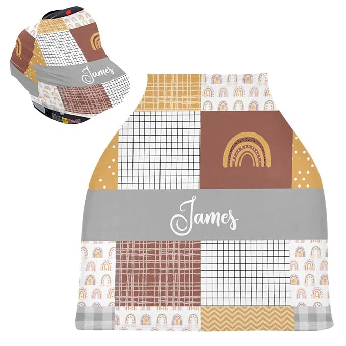 Personalized Car Seat Covers with Name for Babies- Customized Boho Rainbow Nursing Cover- Breast Feeding Essentials & Baby Necessities- Stroller Carseat Canopy for Infant Boys Girls