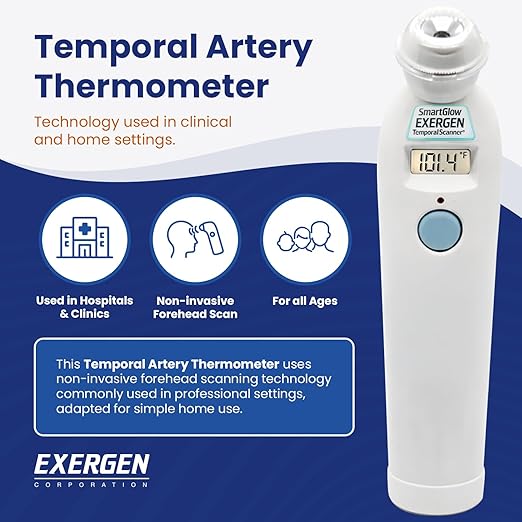 Exergen TAT-2000C Temporal Artery Thermometer – Temporal Thermometer for Kids, Newborns & Adults, Soft Glow Display, Silent Mode, 9V Battery Included