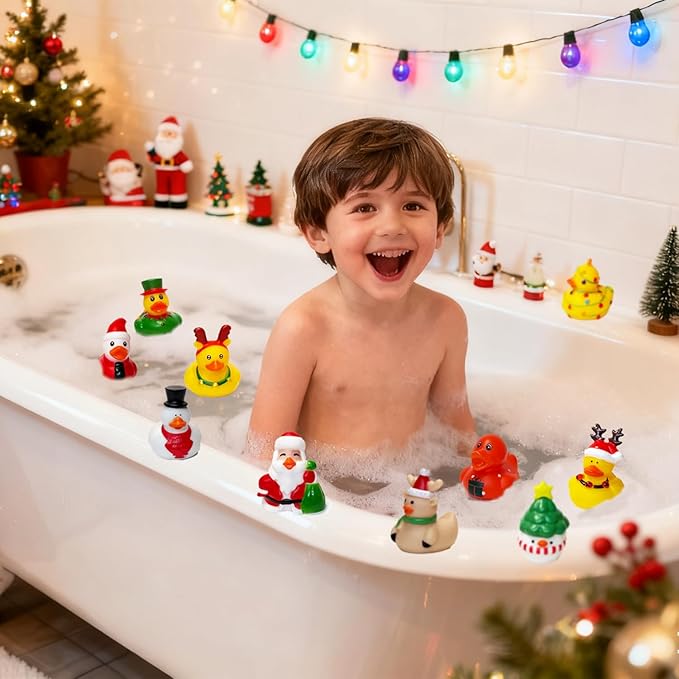 Rubber Ducks in Bulk Mini Rubber Ducks Basket Stuffers Ducks for Kids Baby Bath Toys Party Favor (Christmas, 48)