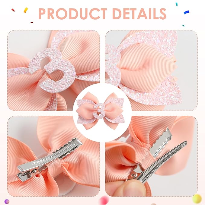 Glitter Birthday Hair Bow for Baby Girls 1 2 3 4 5 6 Years Peach Party Decoration Hair Accessories for Three 3rd Third Birthday