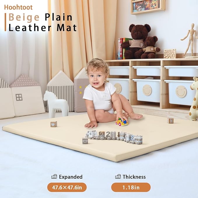 Foam Play Mat for Baby: PU Leather Waterproof Kids Playmat - Beige Baby Play Mats for Floor - Thick Play Mat for Playpen Padded Playpen Mattress Soft Infant Mat for Preschool (Beige Foam mat)
