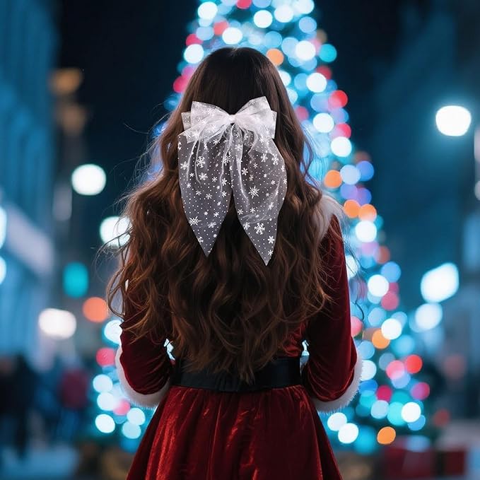 Christmas Hair Clips for Women Girls, White Snowflake Bow Hairpin Lace Bow Barrettes Xmas Alligator Clips for Holiday Parties & Weddings – Festival Hair Accessories (1 Pack)