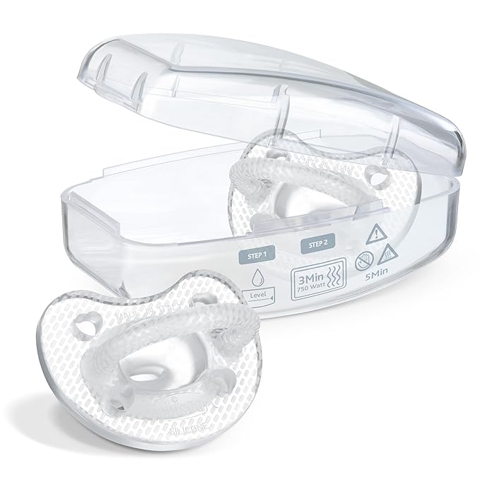 Chicco PhysioForma Luxe Orthodontic Pacifier for Babies 6-16 Months, One-Piece 100% Soft Silicone, Supports Breathing, Textured Shield & Handle, Sterilizing Case, BPA Free, 2-Pack, Crystal
