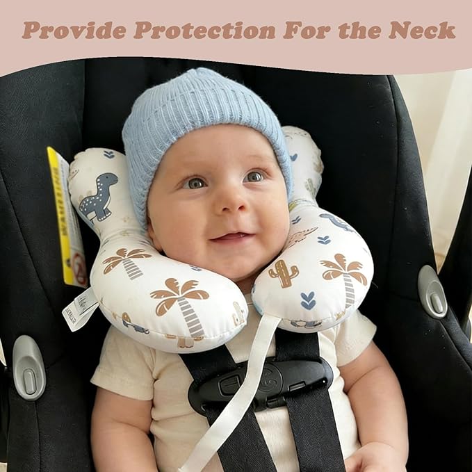 Toddler Travel Comfort Pillow for Car Seat & Stroller, Baby Reversible U-Shaped Seat Accessory, Cartoon Dinosaur