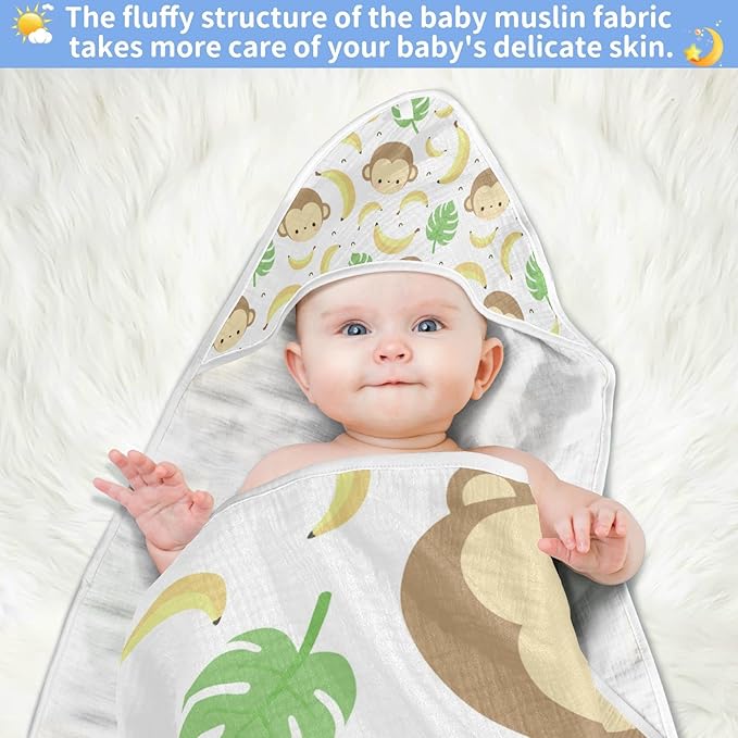 Cute Monkey Baby Boys Girls Bath Towel Banana Palm Leaves Hooded Towels Newborn Toddlers Organic Cotton Washcloths Shower Beach Towel 35 x 35 Inch