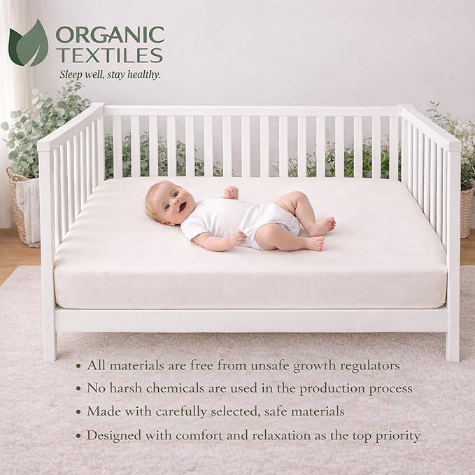 OrOrganicTextiles Organic Cotton Fitted Sheets for Newborn Baby Mattress, Sky Blue, 350 Thread Count, Playard Crib Size