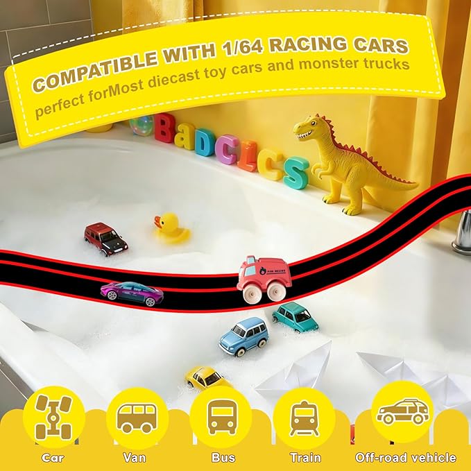 Race Car Bath Toy Set, Toddler Bath Toys, Flex Race Track Car Set, Kids Bathtub Gift, Including Mesh Storage Bag - Suction Cup, for Ages 3 & Up (10-Piece Set) (Black & Red)