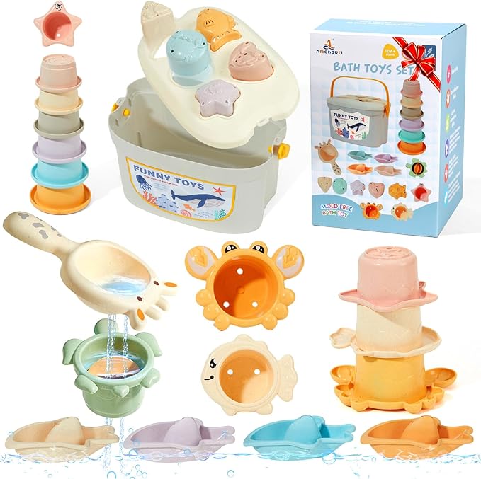 Baby Bath Toys, 21PCS Mold Free Bath Toys for Kids Ages 1-3 with Montessori Shape Sorter and Educational Stacking Cups for Babies 6-12 Months, Tub Water Pool Beach Toy for Toddler 1-3 with Storage Bin