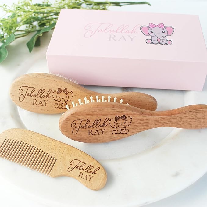 Baby Hair Brush | Personalized Baby Gifts | Brush | Wooden Brush Set | Perfect For Cradle Cap | Natural Goat Hair | 3 Piece Set | Elephant Design