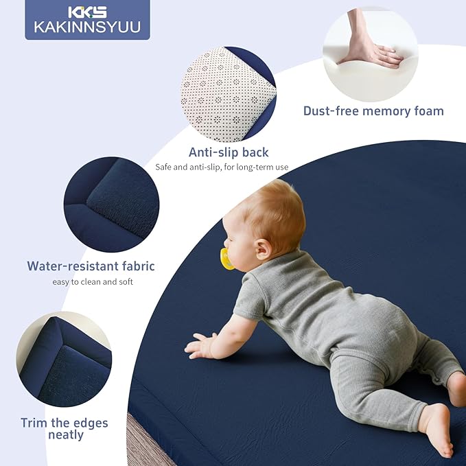 2-Inch Extra Thick Baby Floor Mat, 79"x59" Large Nursery Rug with Powder-Free Memory Foam, Water-Resistant Flannel Cover & Non-Slip Base for Tummy Time and Crawling, Navy Blue