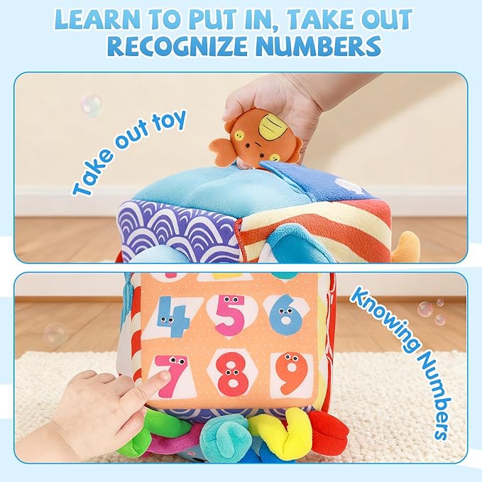 SAIMAND Baby Toys 6-12 Months–Mystery Soft Box with 5 Plush Marine Animals,Rattle,Crinkle Paper & Mirror–Montessori Sensory Toys for 6 Month Old Babies 1-3 Year Old Boy Girl Birthday