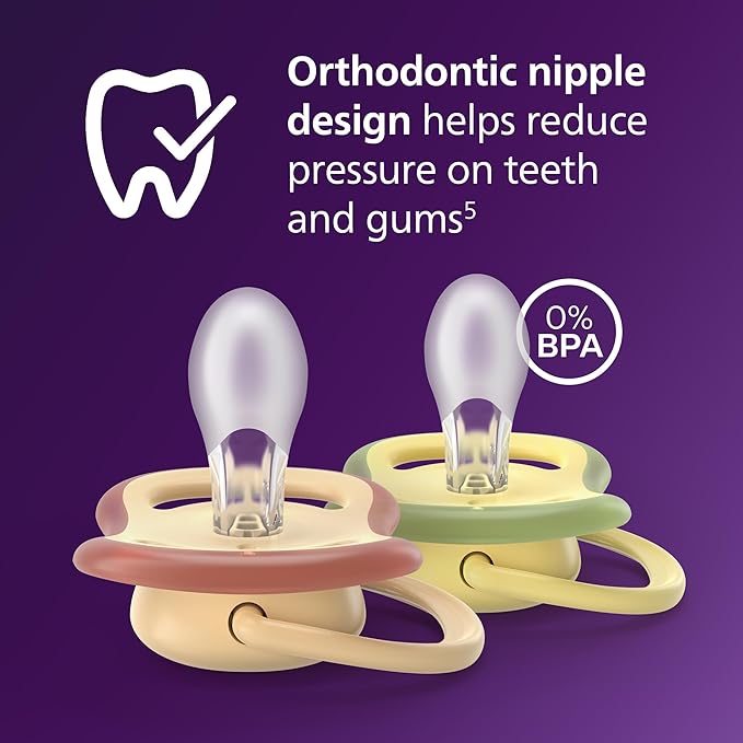 Philips Avent Ultra Air Pacifiers - Orthodontic Design, for Babies 0-6 Months, Soft Silicone Symmetrical Nipple, BPA-Free, 2 Sterilizing Cases, 4 Pack, SCF087/21