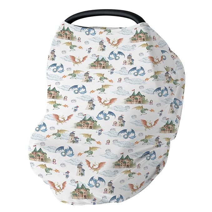 Fairytale Dragon and Knights Car Seat Cover for Babies Fantasy Dragons Princess Castle Stretchy 5-in-1 Cover Adjustable Infant Carseat Cover Canopy Moon Clouds Breathable Nursing Cover-Up