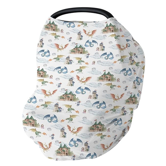 Fairytale Dragon and Knights Car Seat Cover for Babies Fantasy Dragons Princess Castle Stretchy 5-in-1 Cover Adjustable Infant Carseat Cover Canopy Moon Clouds Breathable Nursing Cover-Up