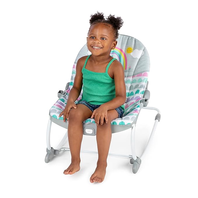 Bright Starts Rosy Rainbow Infant to Toddler Rocker with Vibrations, Baby Seat for Girl or Boy, Newborn +