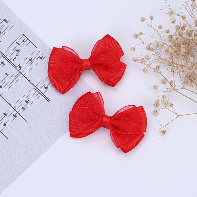 Tiny 3 Inch Organza Double Hair Bow Clips - Lined Boutique Alligator Hairpin for Baby Girls, Toddlers, and Little Teens - Kids Barrettes Set of 2 Small Stylish (Red)