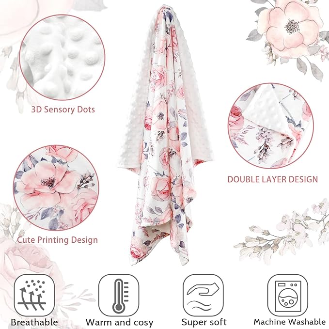 Baby Car Seat Cover and Blanket for Girls, Winter Car Seat Covers for Babies, Minky Blankets with Dotted Backing, Pink Floral