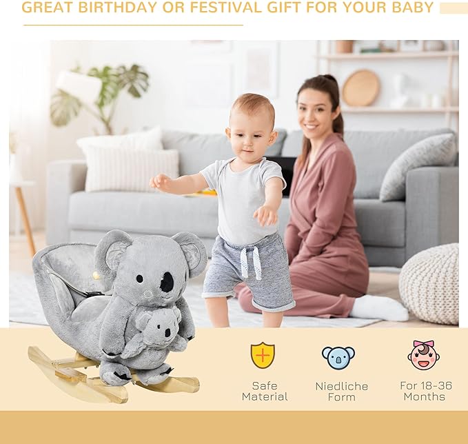 Qaba Kids Ride-On Rocking Horse, Koala-Shaped Rocker with Realistic Sounds for Children 18-36 Months, Gray