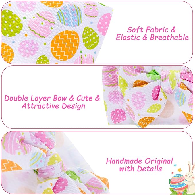 2Pcs Easter Baby Headband Rabbit Egg Easter Hair Bows for Girls Large Easter Bunny Ears Headband Toddler Girls Nylon Hair Accessories Big Bows Hairband