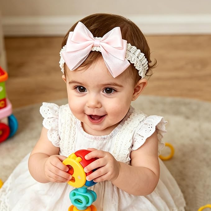 Baby Girls Hairbands Bow Lace Headband Handmade Soft Stretchy Pink Bowknot Hairbands Newborn Hairband with Bows Elastic Hair Bands for Kids Infant(Glossy Pink Bow