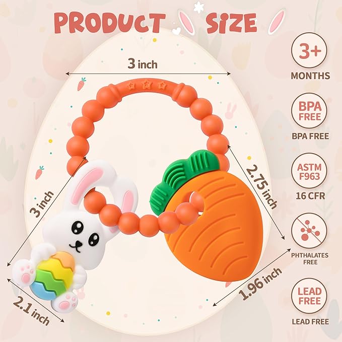 Easter Eggs Bunny Teething Toys, Easter Basket Essentials Stuffers, Silicone Easter Egg Baby Carrot Teether Toys, Baby Carrots for Baby's First Easter Gifts, Easter Decorations for Infant Boys Girls