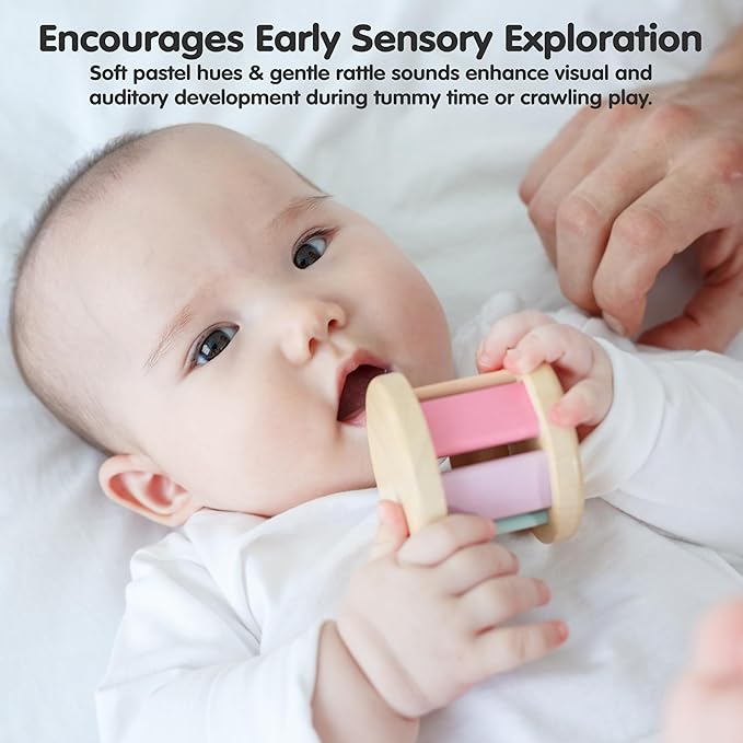 PlanToys® Pastel Wooden Roller Toy for Babies | Montessori Sensory Toy with Gentle Rattle Sound | Eco-Friendly Crawling & Motor Skill Toy for Infants 6+ Months