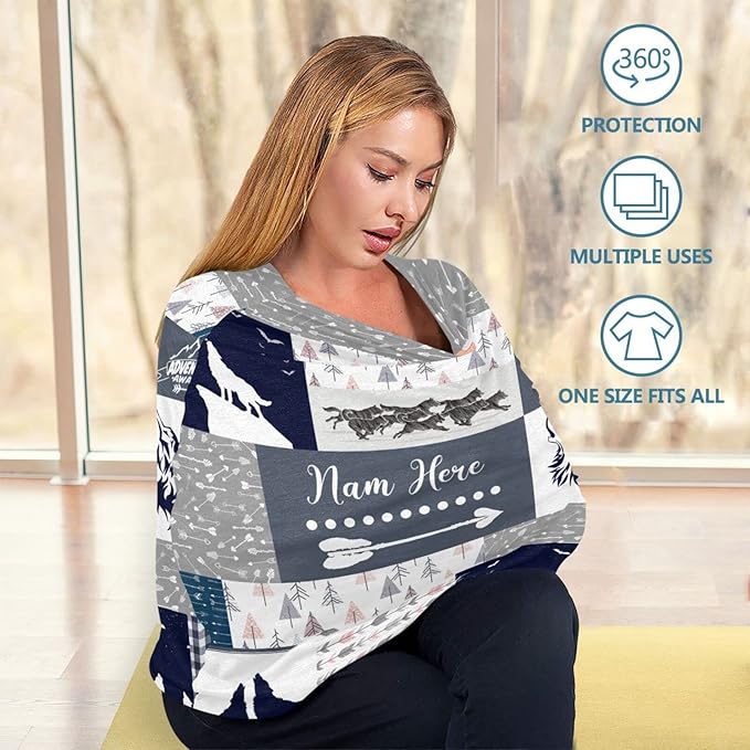 Personalized Baby Car Seat Cover for Boys Girls, Custom Nursing Covers for Breastfeeding with Name, Infant Stroller Cover, Baby Carseat Canopy for Newborn, Multiuse Car Seat Canopies, Wild Wolf