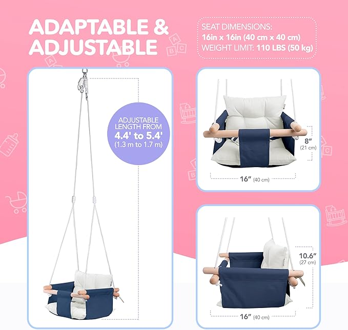 CaTeam - Canvas Baby Swing, Wooden Hanging Swing Seat Chair with Safety Belt, Durable Baby Swing Chair, Outdoor and Indoor Swing for Kids, Mounting Hardware Included, Blue