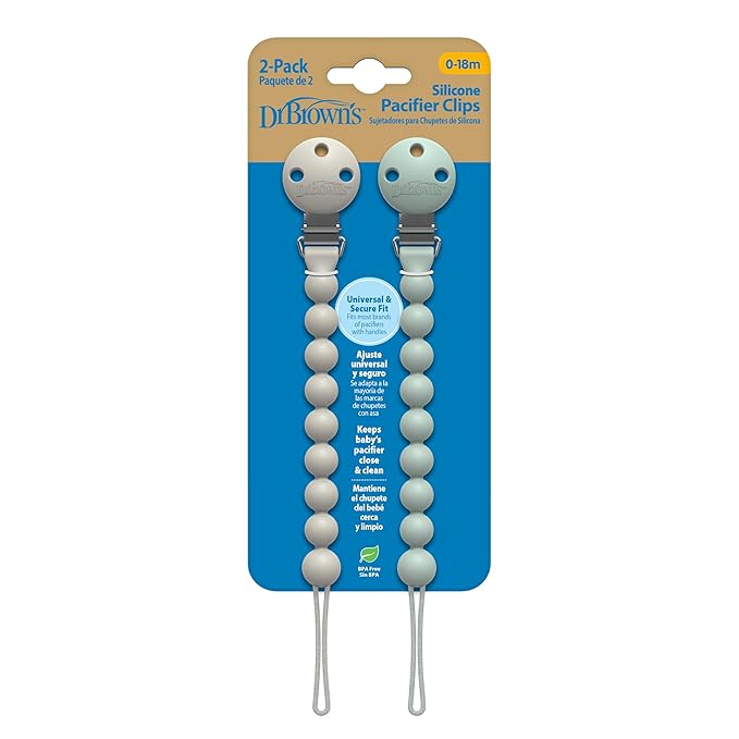 Dr. Brown's Silicone Pacifier Clips, Universal Fit Strap for Pacifiers, Green/Gray, BPA Free, 0-18 Months, 2-Pack