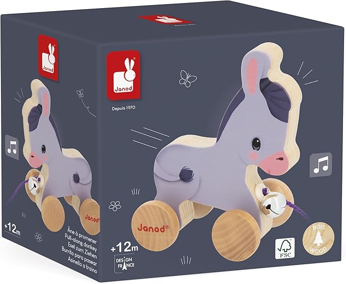 Janod - Wooden Donkey with Bell - Pull and Push Activity Toy - Learn Motor Skills and Imagination - 50cm String Suitable for Little Hands - from 12 Months, J03323