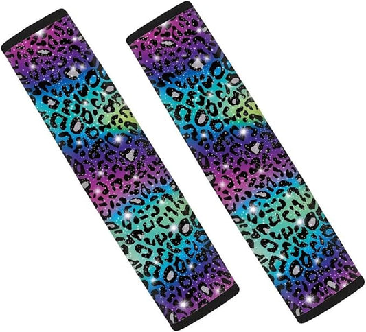 UNICEU Glitter Rainbow Leopard Car Seat Belt Pads Auto Interior Accessories Neoprene Comfort Car Seatbelt Shoulder Strap Pads Set of 2