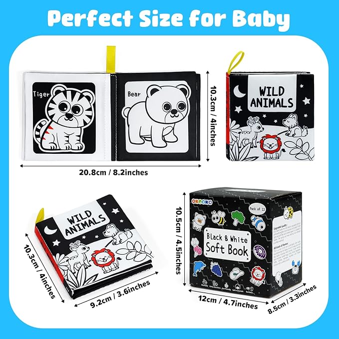 OKOOKO 12PCS Soft Baby Books Black and White High Contrast Soft Cloth Bath Books Crinkle Washable Non-Toxic Early Education Preschool Learning Toy for Newborns Babies Infants Toddlers Kids