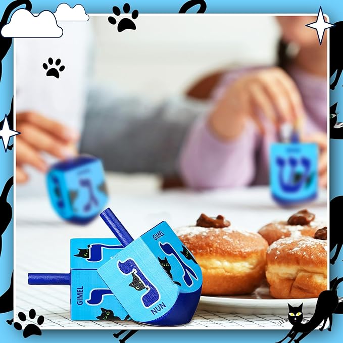 Wonderjune 2 Pcs Hanukkah Dreidels Extra Large Wooden Dreidel for Hanukkah Decoration with English Transliteration, Forever Spinning Tops Party Favors(Cat)