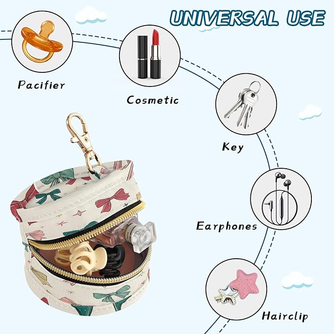 Pacifier Holder with Clip Pacifier Case for Diaper Bag Round Baby Pacifier Pouch Box Bag Portable Bows and Stars Beige