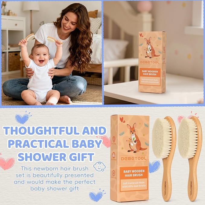 DEBETOOL 2-Pack Baby Hair Brush with Soft Bristles - Natural Wooden Baby Brush for Newborns & Infants Gentle Scalp, Perfect Baby Registry & Shower Gift