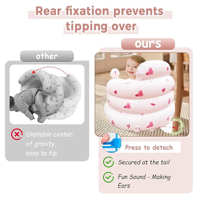 Inflatable Baby Seat for Babies 3-36 Months，[Squeaky Sound & Anti-Fall Design] Inflatable Chair with Sound-Making Ears, Baby Seat for Sitting-Up Practice, Built-in Air Pump (Pink Bunny)