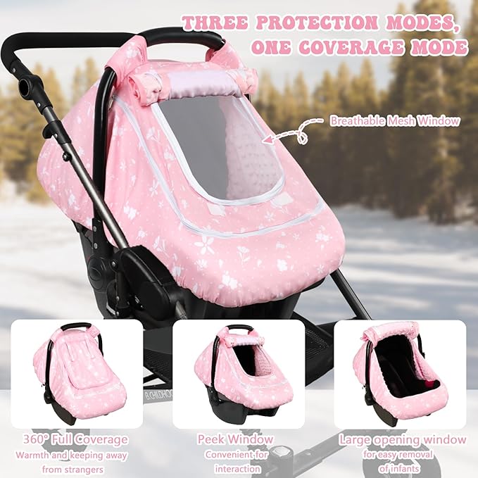 Baby Car Seat Cover for Girls, Infant CarSeat Covers with Mesh Man Fai Sky, Multi-Functional Newborn Canopy Breathable for Summer Winter, Windproof & Universal Fit, Flower