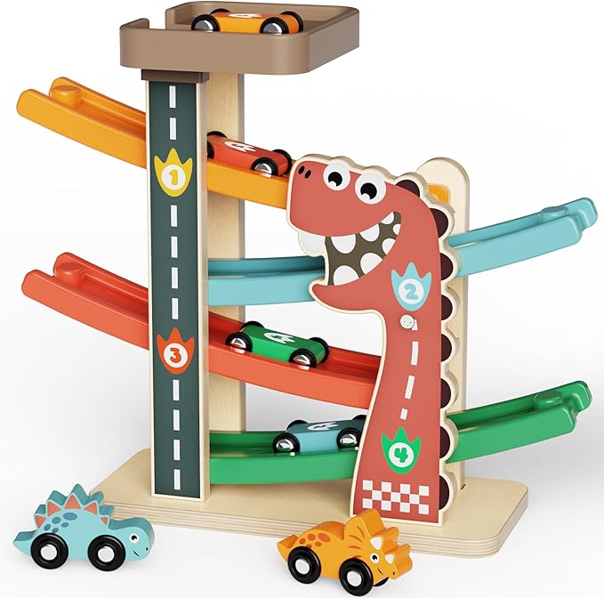Montessori Car Ramp Toy for Toddlers 1 2 3 Year Old Wooden Dinosaur Race Track with 6 Cars & Parking Garage Kids Play Cars & Race Cars Birthday for 1-3 Boys Girls Baby Motor Skills Toy