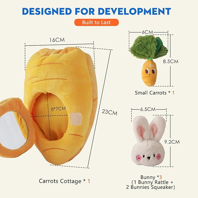 Sensory Carrot House Toy for Babies - Plush Montessori Toy with Mirror, 3 Bunny Rattles & Pull-Out Carrot, Crinkle Leaf, Fine Motor Skills Development, Washable
