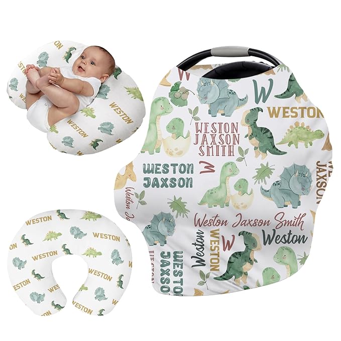 Personalised Infant Car Seat for New Parents - Green Dinosaur Print Baby Carseat Cover, Breast Feeding Cover, Multi-Function pad for Boys Girls Toddlers - Christmas Gifts for Parent Babies(27"x29")