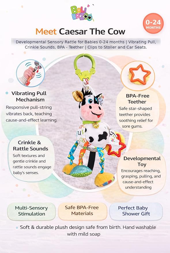 Balibazoo Caesar The Cow Hanging Toy - Developmental Sensory Rattle for Babies 0-24 Months | Vibrating Pull, Crinkle Sounds, BPA-Free Teether | Clips to Stroller, Car Seat | Soft Plush Baby Toy