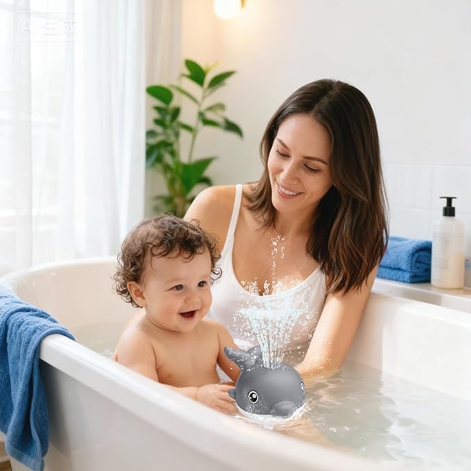 Bath Toys, Light Up Dolphin Baby Bath Toys for Babies 6-12 12-18 Months, Rechargeable Sprinkler Musical Toys, Easter Basket Stuffers Bathtub Toys for Toddlers 1-3 2-4 Boys Girls Infant Kids- Grey